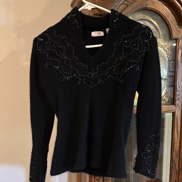 Andrea Harbor Sweaters - Andrea Harbor Black Beaded and Lace Rabbit Hair Sweater